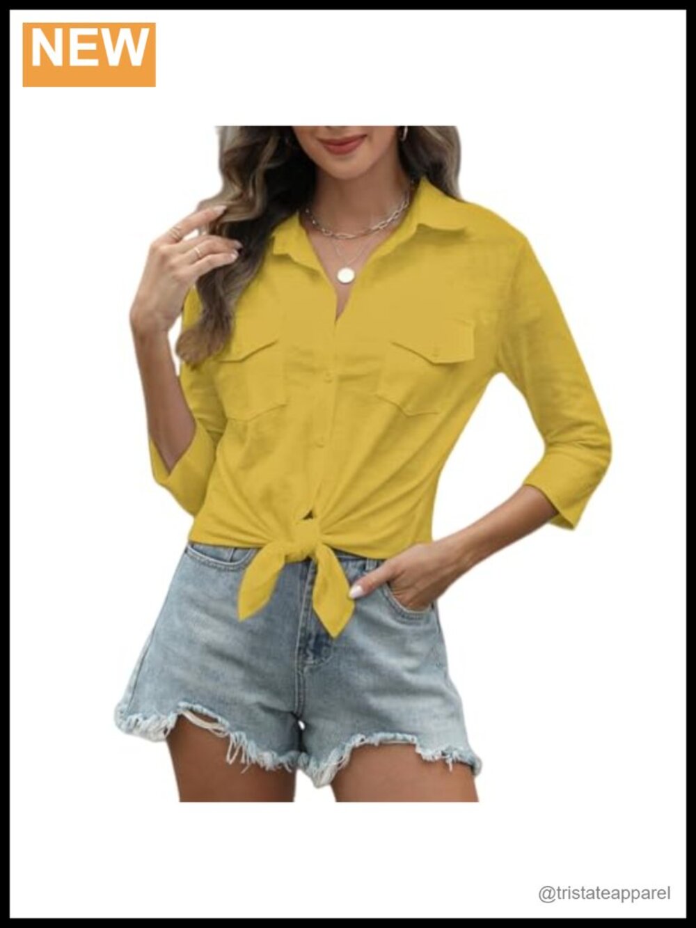 Women's 100% Cotton Tie Front V-Neck 3/4 Sleeve Button Down Shirt with Pockets